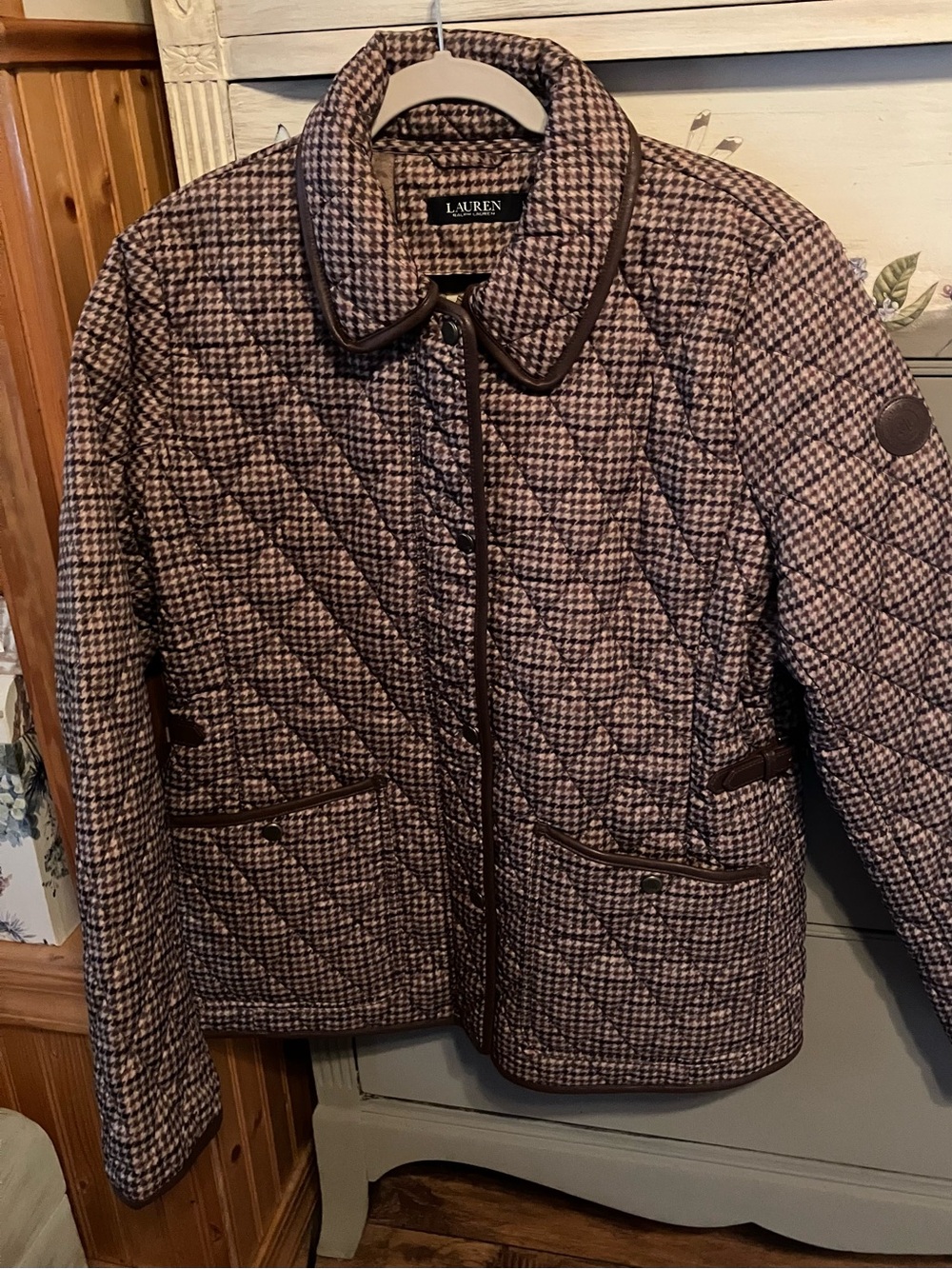 Lauren Ralph Lauren Quilted Houndstooth Puffer Jacket - Brown & Pink